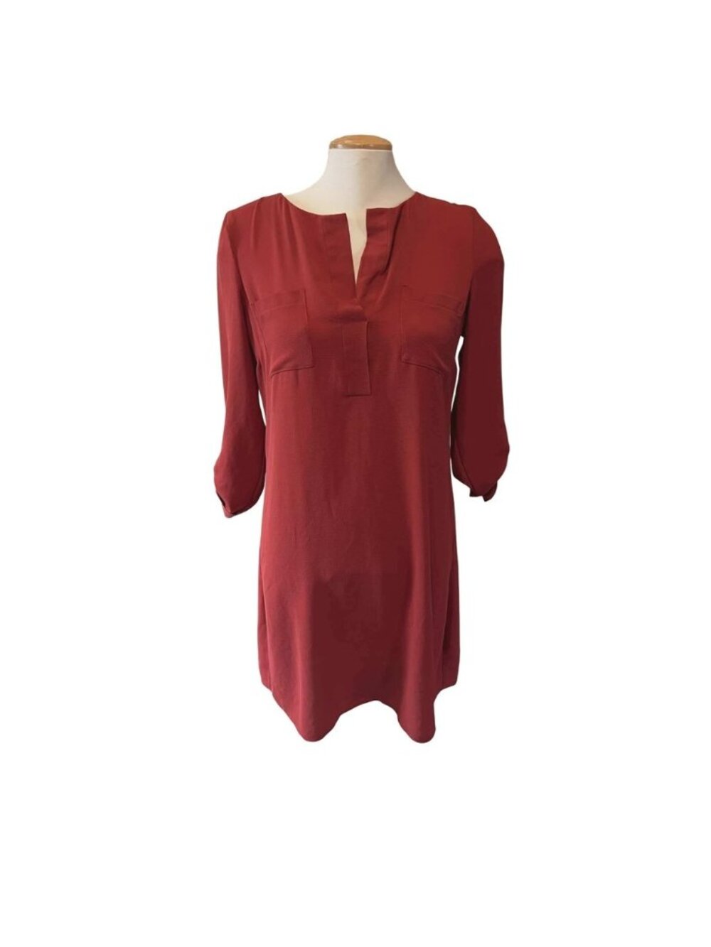 Atmosphere Brick Red Shift Dress Split‎ Neck Roll Tab Sleeve Size 6